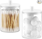 TIPGO Glass Qtip Holder Dispenser for Bathroom - 10 oz Clear Canister Apothecary Jar for Cotton Swabs, Balls, Pads, Floss Picks, Small Containers for Makeup Storage Organizer (2 Pack, White)