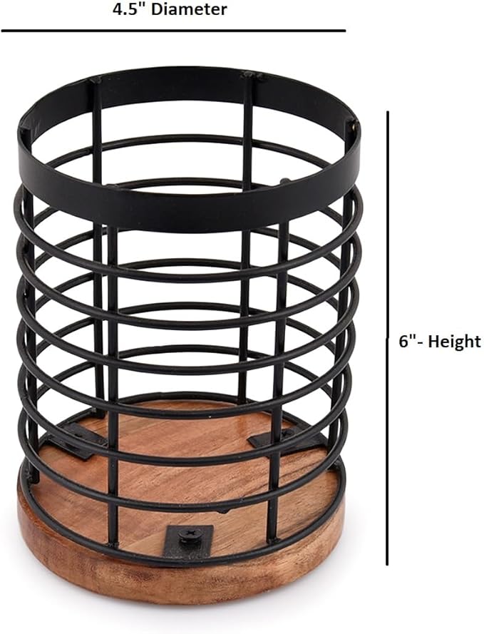 EDHAS Black Iron Kitchen Utensil Holder with Acacia Wooden Base Round Flatware Storage for Countertop (4.5" x 4.5" x 6")