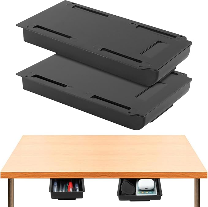 2 Pack Under Desk Drawer Organizer,Plastic Under Desk Storage Drawers Attachment for Home and Office Storage(Black)