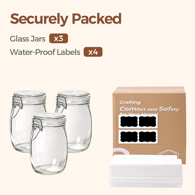 ComSaf 3-Pack 34oz Round Glass Apothecary Jars with Lids, Farmhouse Kitchen Decor for Countertop Display, Airtight Canisters for Cookies, Candy & Coffee, Classic Food Storage Containers