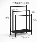 Freestanding Towel Rack, 3 Tier Metal Standing Towel Rack with Wooden Shelf, Blanket Holder and Bath Towel Drying Rack for Bathroom, Black