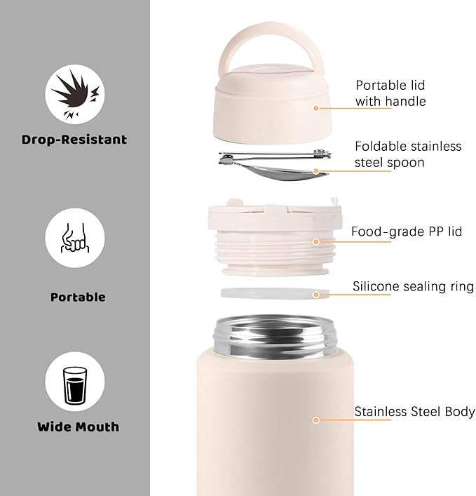 Thermo for Hot & Cold Food, 25oz Insulated Food Jar with Handle Spoon, Thermal Lunch Container, 316 Stainless Steel Lunch Box for Men Women, Keeps food Hot for 12 Hours or Cold for 24 Hours(White)