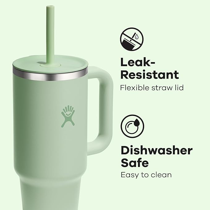 Hydro Flask Travel Tumbler with Handle, Lid and Straw - Insulated Stainless Steel in 40 Oz Aloe Green
