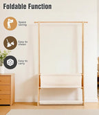Bamboo Clothes Rack with Storage Box and Storage Shelf, Portable Extra Large Garment Rack Clothing Rack, Foldable Wardrobe For Entryway and Bed Room (M - 39.4 Inch)