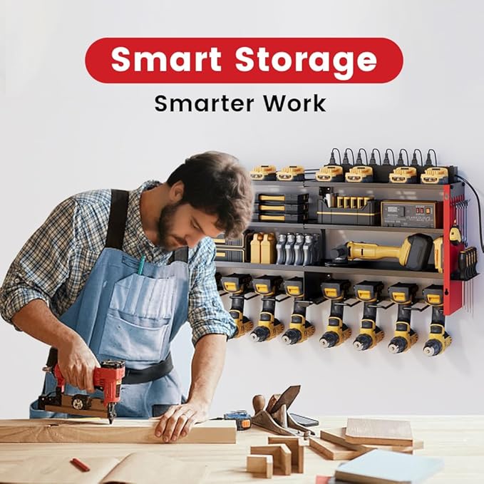 53" Power Tool Organizer Wall Mount with Power Strip, Heavy Duty Metal Tool Shelf, 400lbs Capacity for Cordless Drills, Batteries & Garage Storage (12 Slots with 8 Outlets Power Strip)
