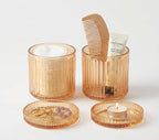 SheeChung Amber Glass Apothecary Jars 2-Pack - Vintage Sunburst Bathroom Organizer & Storage Set - Qtip Holder Dispenser, Vanity Canister for Cotton Swabs, Balls, Pads - Luxury Modern Farmhouse Decor