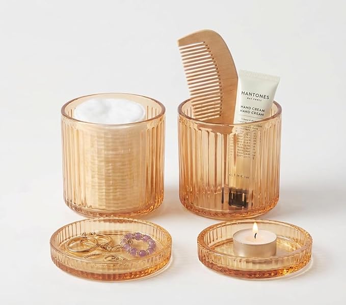SheeChung Amber Glass Apothecary Jars 2-Pack - Vintage Sunburst Bathroom Organizer & Storage Set - Qtip Holder Dispenser, Vanity Canister for Cotton Swabs, Balls, Pads - Luxury Modern Farmhouse Decor