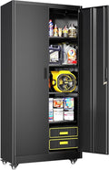 Greenvelly 73" Storage Cabinet with Wheels, Rolling Metal Cabinet with Locking Doors and Adjustable Shelves, Steel Tool Cabinet for Home Office, Garage, Warehouse, Black(32" W x 16" D)