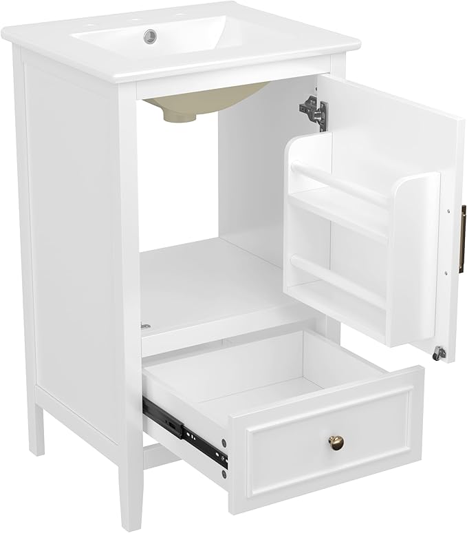 20 in Small Bathroom Vanity with Sink,Solid Wood Modern Single Bathroom Sink Cabinet with Soft Closing Door and Drawer,Freestanding White