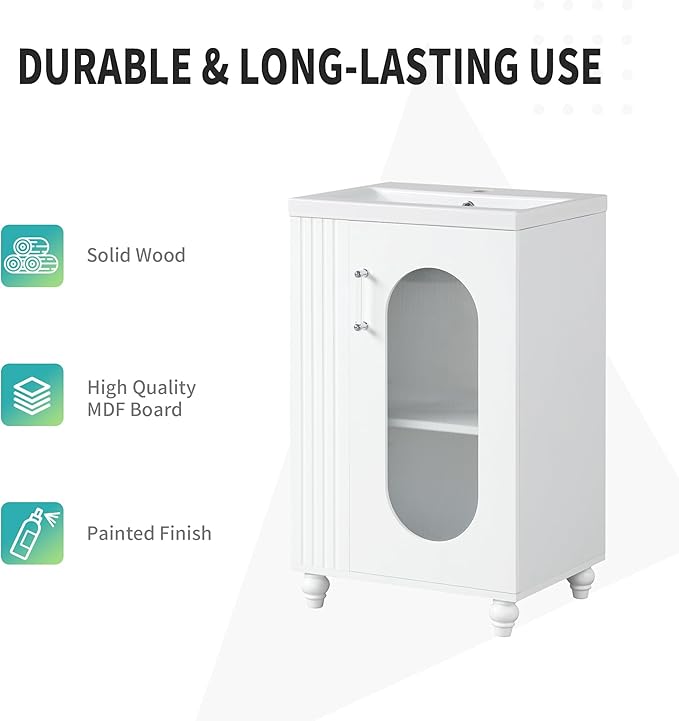 20" Small Bathroom Vanity with Sink and Glass Door, Storage Shelf & Toilet Paper Holder,Solid Wood & MDF Modern Single Bathroom Sink Cabinet with Shelves,Freestanding,White