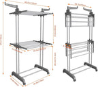 Bigzzia 3 Tier Clothes Drying Rack, 57 Inch Laundry Drying Rack, Foldable Stainless Steel Kids Clothing Rack, Movable Laundry Rack for Indoor Outdoor - Grey