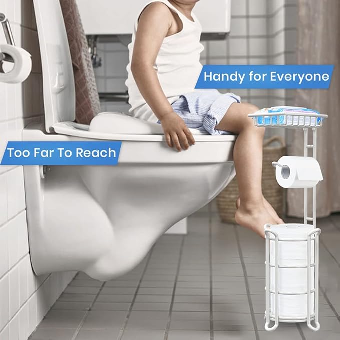 [Upgrade] Toilet Paper Holder Stand Nautical Bathroom Tissue Holders Free Standing with Top Shelf Storage Mega Rolls/Phone/Wipe-Ivory White