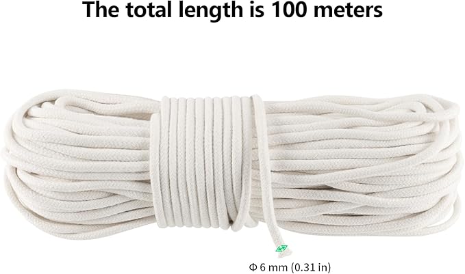 FUNSUEI 5/16 Inch 328 Feet White Cotton Clothesline Rope, Cotton Braided Clothesline Rope for Clothes Hanging, Plant Hanger, Knitting Crafts