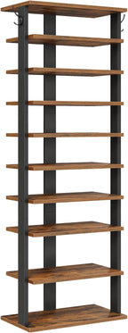 HOOBRO 10 Tiers Vertical Shoe Rack, Wooden Shoe Storage Organizer with Hooks, Narrow Shoe Tower for 20 Pairs, Space Saving, for Entryway, Living Room, Bedroom, Rustic Brown FG140XJ01