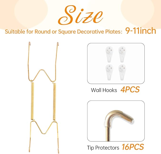 Bilillo 4 Pack Plate Hangers for the Wall, Suitable for 9-11 inch Art Plate, Stainless Steel Invisible Heavy Duty Wire Plate Holder with Wall Hooks, Plate Hangers for Displaying Plates