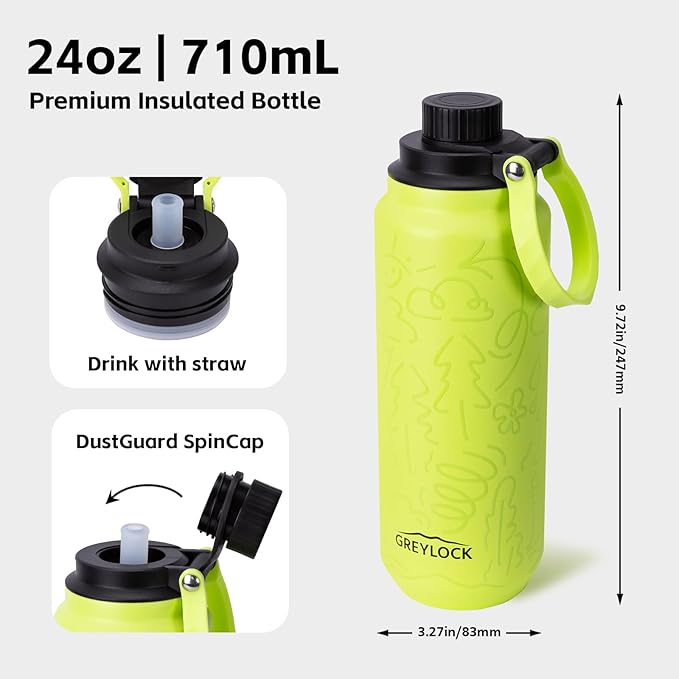 GREYLOCK 24 oz Insulated Water Bottle with Straw Lid, Leakproof Reusable Stainless Steel Vacuum Flask, 24hr Cold & Hot, Carry Handle & Silicone Spout, BPA-Free for Gym, Hiking, Travel,Green