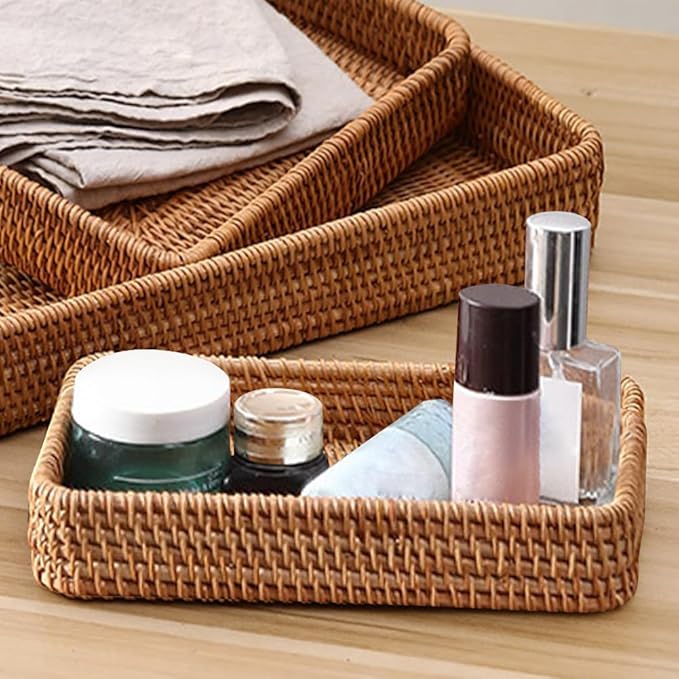 8in Rattan Bathroom Vanity Tray, Vintage Storage Basket Bin Toilet Paper Basket Small Narrow Guest Towel Napkin Holder for Bathroom Toilet Tank Vanity Countertop(Color:Brown)
