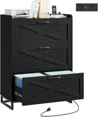 File Cabinet 3 Drawers Lateral File Cabinet with Charging Station for Letter/Legal/A4 Size Hanging Files, Large Wood File Storage Cabinets Printer Stand for Home Office, Black