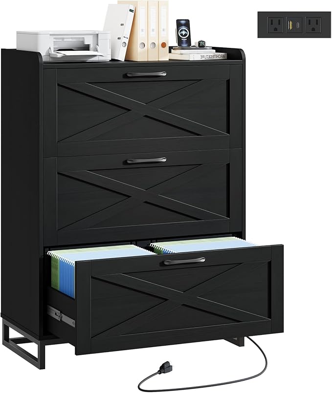 File Cabinet 3 Drawers Lateral File Cabinet with Charging Station for Letter/Legal/A4 Size Hanging Files, Large Wood File Storage Cabinets Printer Stand for Home Office, Black