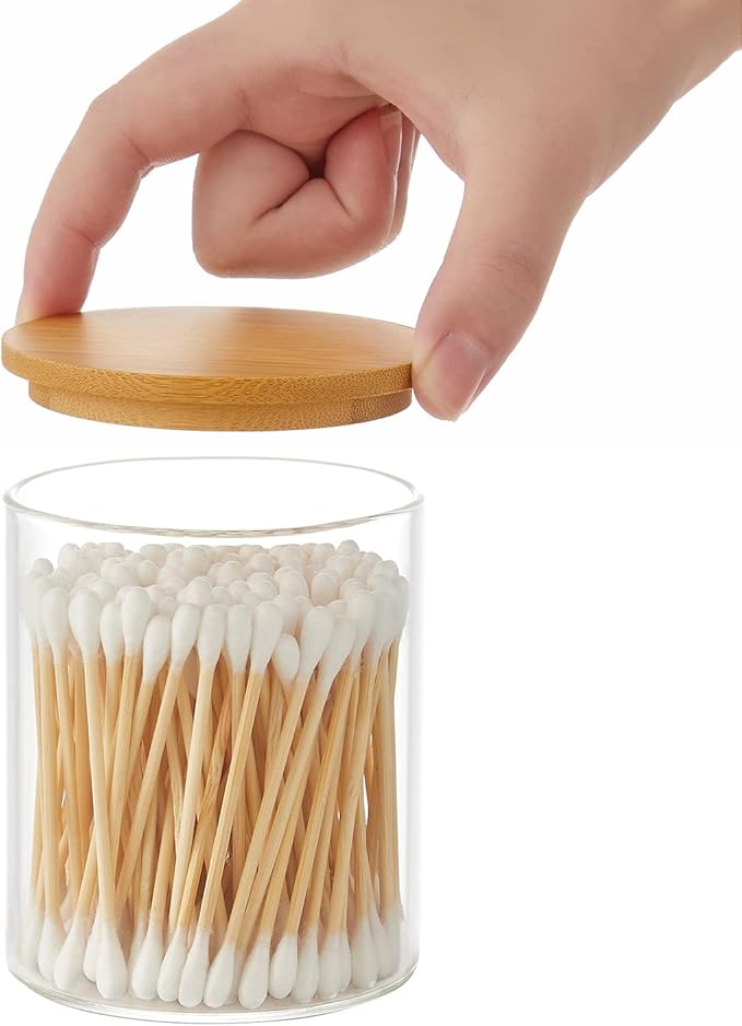 3 Pack Glass Qtip Holder Dispenser, 20 oz and 11 oz Clear Glass Apothecary Jars, Bathroom Vanity Canisters Organizer Jars for Cotton Swabs, Balls, Rounds, Pads, Floss, Bath Salts