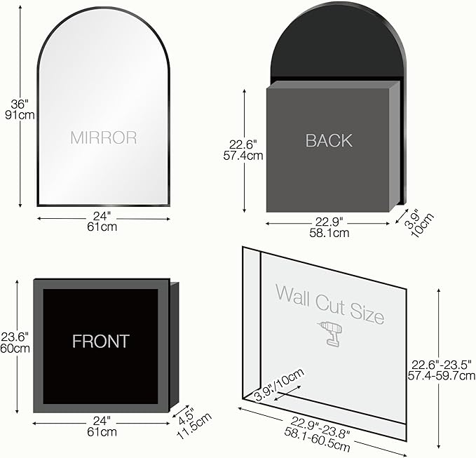 Arched Medicine Cabinet Mirror No Assembly Needed Bathroom Mirror with Storage Recessed or Surface Mount Options (Black, 36" L x 24" W)