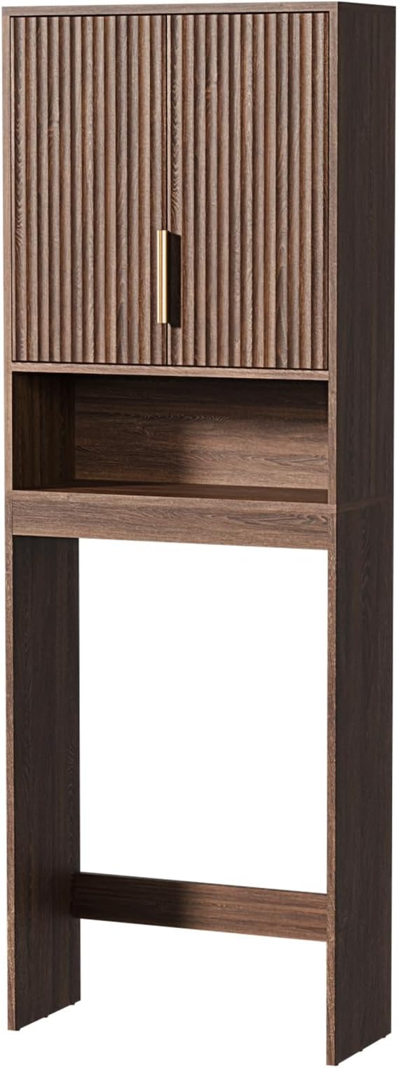 VINGLI Over The Toilet Storage Cabinet, Mid Century Modern Bathroom Organizer with Fluted Doors, Freestanding Wooden Space Saver Stand with Adjustable Shelves for Laundry, Dark Walnut