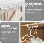 TOYANDONA No-Drill Under Cabinet Plastic Utensil Hooks 5-Row Kitchen Hanging Rack for Cookware and Spoon Storage, White Multi-Purpose Organizer for Kitchenware and Sundries