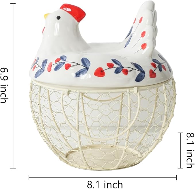 oskas Chicken Egg Holder, Fresh Egg Storage Basket Countertop,Decorative Ceramic Lid with Wire Basket,Holds 2 Dozen Egg, White3