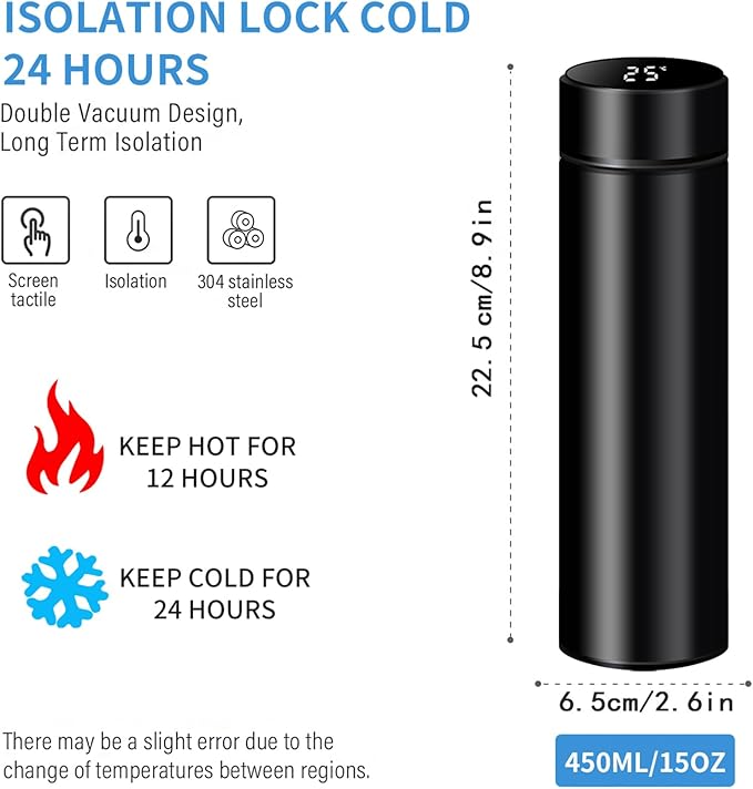 Smart Water Bottle Stainless Steel Vacuum Flask,Travel Mug with Smart LCD Touch Screen, Keep Hot Or Cold, Car Portable Travel Tea Coffee Vacuum Thermo Cup,Insulated Water Bottle (Black)