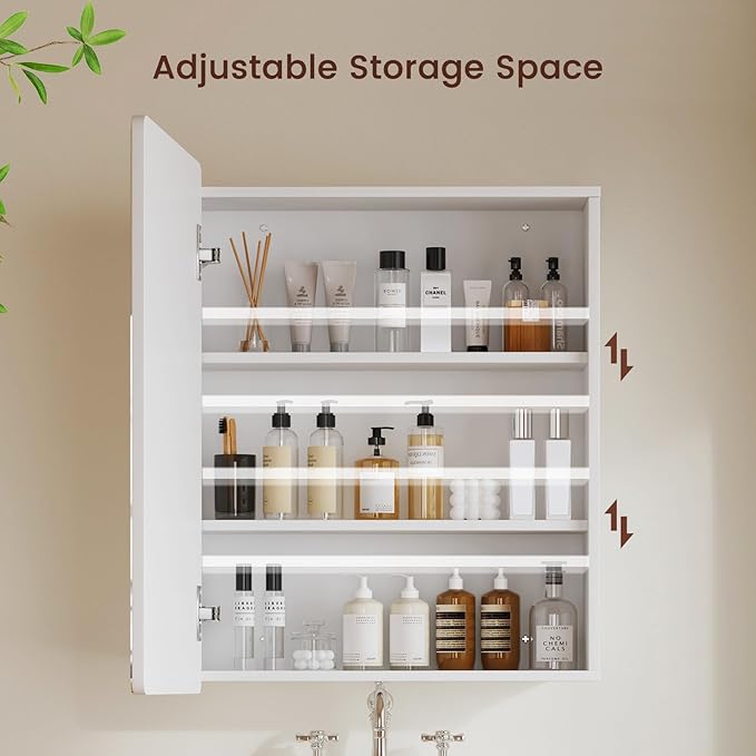 TEENFON Medicine Cabinet Mirror with 2 Adjustable Shelves, Bathroom Mirror with Storage, Recessed or Wall Mount Bathroom Cabinet, White