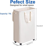 Slim Laundry Hamper with Lid and Wheels, Small Rolling Laundry Basket with Handle for Small Spaces, Tall Dirty Clothes Hampers for Dorm, Bathroom and Bedroom, 75L, Beige