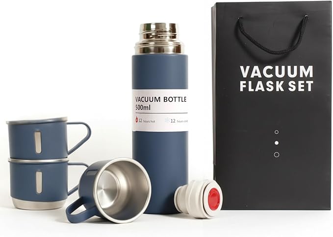 Blue Vacuum Flask Gift Set, Stainless Steel Insulated Water Bottle w/ 3 Cups, Hot & Cold Drinks Coffee Thermo Water Bottle, Reusable Thermal Cup for Outdoor Camping Travel, Termos para Agua Fria, 17oz