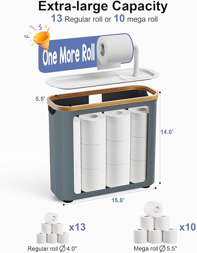 Toilet Paper Storage Basket Holder Holds 9-12 +1 Rolls Elegant Multi-Functional Bathroom Toilet Paper Holder Stand Storage Organizer Waterproof with Tray Hold Phone Wet Wipes Gray