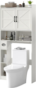 Over The Toilet Storage Cabinet, 32" W Over Toilet Bathroom Organizer with Toilet Paper Holder Stand, Home Space-Saving Toilet Rack with Shelves for Bathroom, Restroom (2 Barn Doors, White)