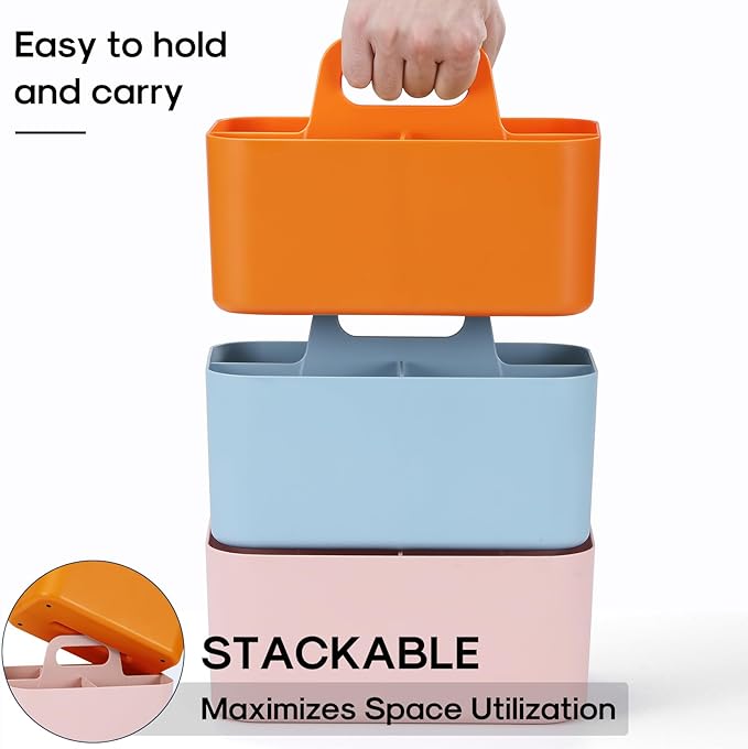 Multiuse Caddy Organizer with Handle, Stackable Plastic Tote Bin - Art Craft Supplies, Office, Desk, Stationery Pen Holder, Kitchen, Utensil, Makeup, Bathroom, Shower, Cleaning, Dorm Organizer, Orange