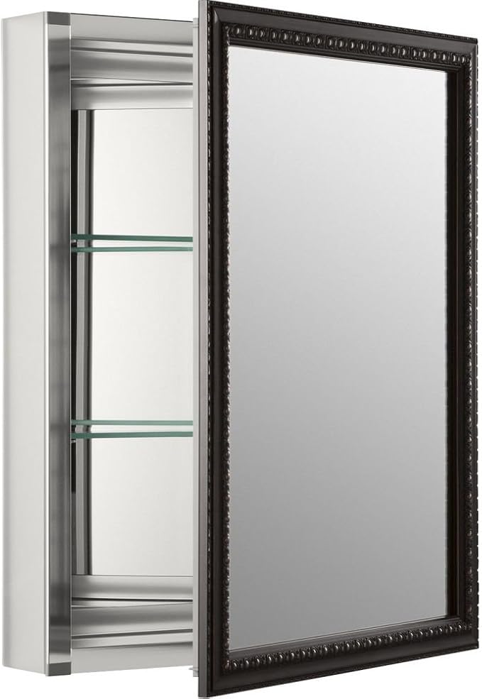 Kohler 2967-BR1 20" W x 26" H Bathroom Medicine Cabinet with Framed Mirror Door, Recessed or Surface Mount Bathroom Wall Cabinet, Oil-Rubbed Bronze