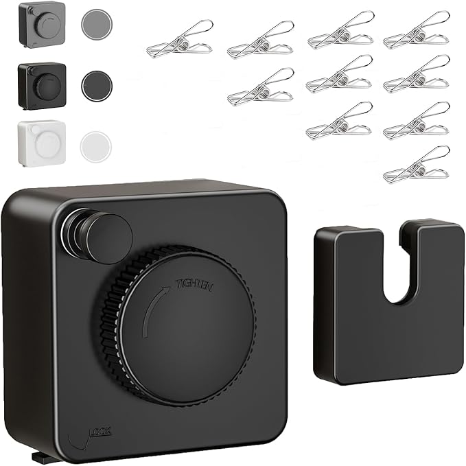JXKNKSR-Telescopic Clothesline Indoor and Outdoor, Heavy-Duty Laundry Line, Wall Mounted, Safety Lock System (Black+10Clothes Pins)