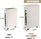 DOKEHOM 29-Inches Enlarged Slim Laundry Basket with Removable Wash Bag on Wheels, Collapsible Rolling Laundry Hamper, Foldable Narrow Corner Clothes Storage Bins (Beige)