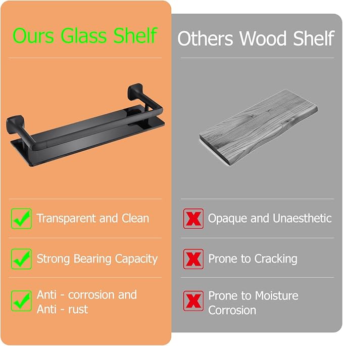 16-Inch Bathroom Glass Shelf - Matte Black Wall-Mounted Organizer - Thickened 8mm Black Tempered Glass with Safety Railing