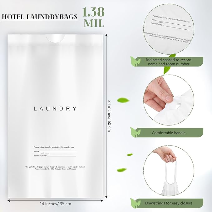 100 Pack Hotel Laundry Bags Bulk 1.38 Mil 14" x 24" Laundry Plastic with Drawstring Closure Writing Strips Patient Personal Belongings Dirty Clothes Bag for Factory Travel Hospital