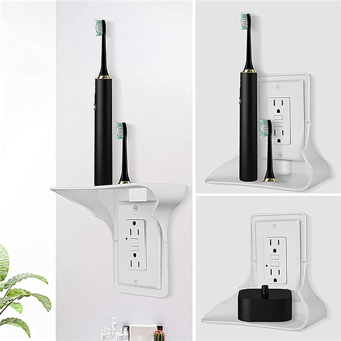 2 Pack Single Wall Outlet Shelf Home Wall Shelf Organizer for Outlets, Perfect for Bathroom Kitchen Bedroom with Cord Management and Easy Installation. (White)