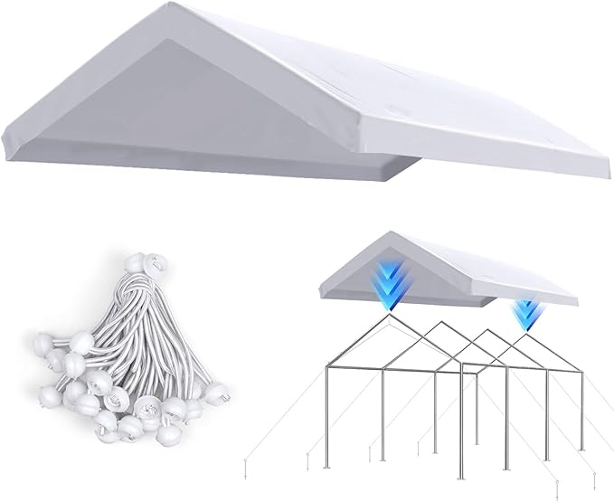 ADVANCE OUTDOOR Replacement Top Cover Tarp for 10x20 ft Carport Canopy with Ball Bungees, White, One Roof Only
