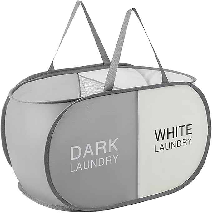 Pop Up Laundry Hamper 2 Section, Collapsible Laundry Basket with Carry Handles for Home, Laundry Room, Bedroom, Dorm, RV Travel (Grey & Beige - 2 Compartments)