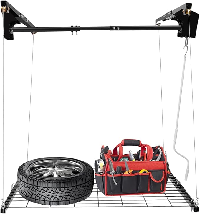 Overhead Garage Storage Rack Metal Garage Ceiling Storage Rack Ceiling Shelf Overhead Organization 300lbs Load Bearing Capacity Max Adjustable Height: 79in (48 * 48in L*W, Matte Black)