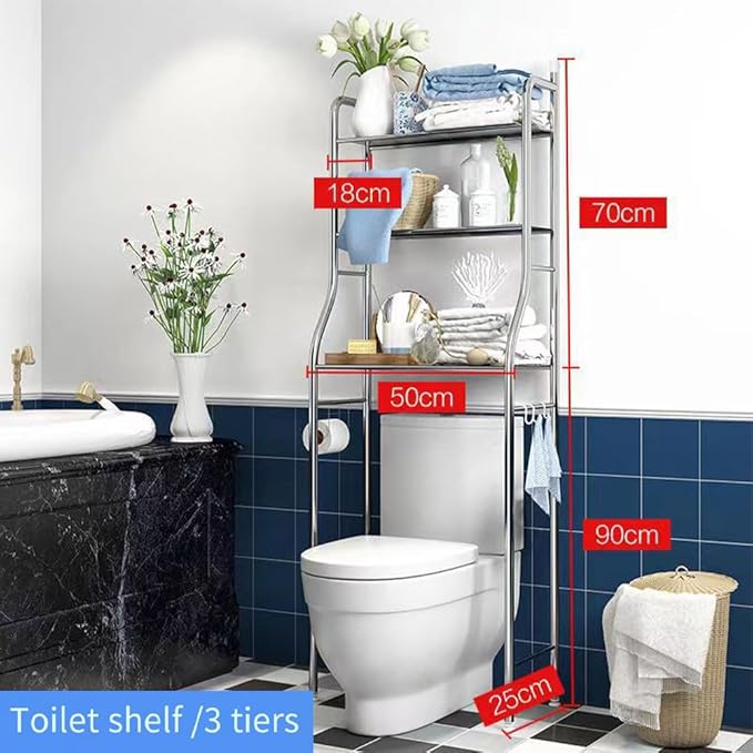 3-Tier Toilet Overhead Shelf, Freestanding Stainless Steel Bathroom Over Toilet Organizer Rack, Space-Saving Toilet Overhead Storage Rack, Tall Bathroom Toilets Shelf for Restroom, Laundry, Balcony