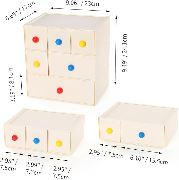Desktop Storage Drawers, Plastic Desk Organizer with 6 Drawers, Modular Stackable Toolbox Units for Office Stationary, Makeup Container, Bathroom Countertop (3 Tiers, Cream)