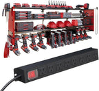 53" Power Tool Organizer Wall Mount with Power Strip, Heavy Duty Metal Tool Shelf, 400lbs Capacity for Cordless Drills, Batteries & Garage Storage (12 Slots with 8 Outlets Power Strip)