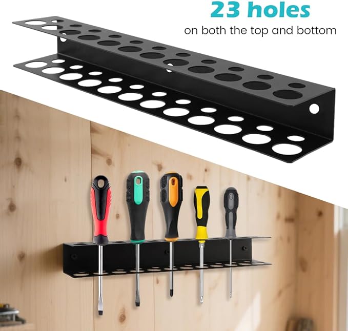 12.6" Screwdriver Holder Wall Mount with 23 Holes, Hand Tools Organizer, Heavy Duty Metal Utility Storage Rack for Pliers Small Tools, Garages Homes Workshops Shed Use(COLOR:Black)