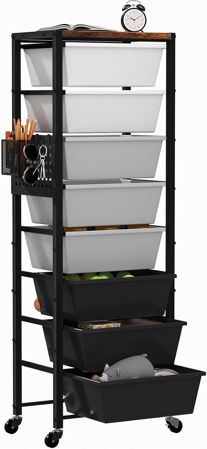 Rolling Cart with Drawers, Rolling Storage Cart with Large Plastic Drawers & Wooden Tabletop, Utility Cart with Pegboards & Basket, Storage Drawers Cart for Living Room, Classroom, Bedroom, Office