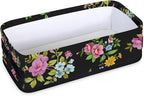 Toilet Tank Topper Paper Basket with Handle, Black Floral Bathroom Storage Basket for Organizing, Small Fabric Storage Bins for Bathroom Decor, Polyester